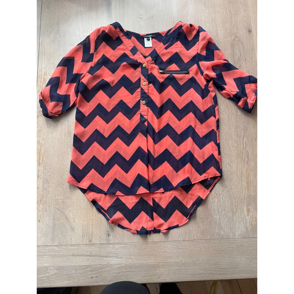 Papermoon Womens Coral Navy Chevron‎ Zig Zag V-Neck Roll Tab Sleeve Blouse M